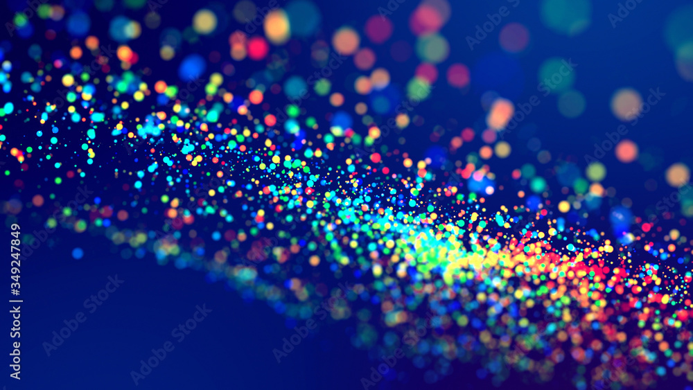3d render of cloud of multicolored particles fly in air slowly or float in liquid like sparkles on dark blue background. Beautiful bokeh light effects with glowing particles. 3d render of cloud of multicolored particles fly in air slowly or float in liquid like sparkles on dark blue background. Beautiful bokeh light effects with glowing particles.
