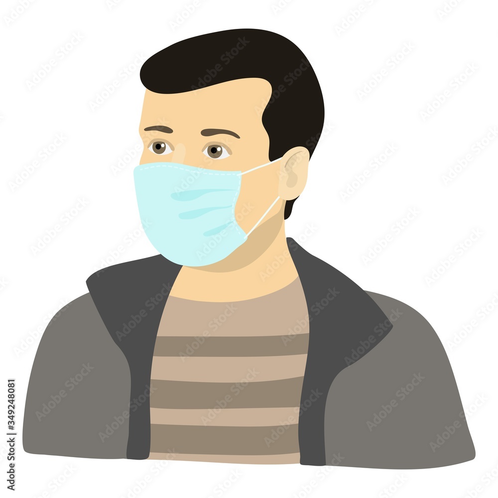 a young man in a medical mask. a protective agent against viruses and bacteria. prevention of coronavirus. reminder. color drawing by hand. poster, leaflet, print, template.