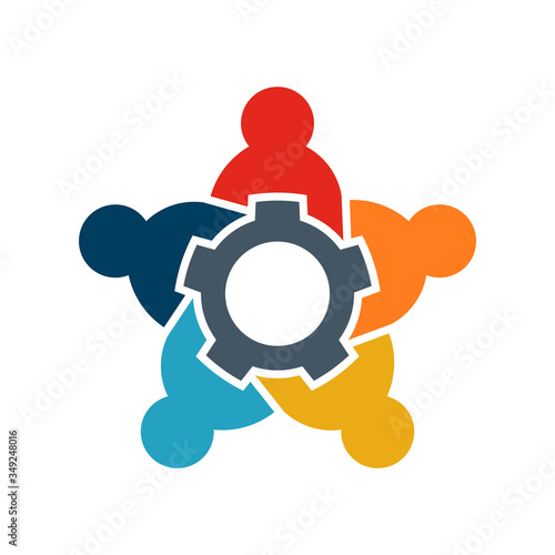 Teamwork of Five people logo. People group spinning gear concept of collaboration and great work