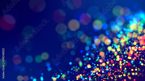 3d render of cloud of multicolored particles fly in air slowly or float in liquid like sparkles on dark blue background. Beautiful bokeh light effects with glowing particles.