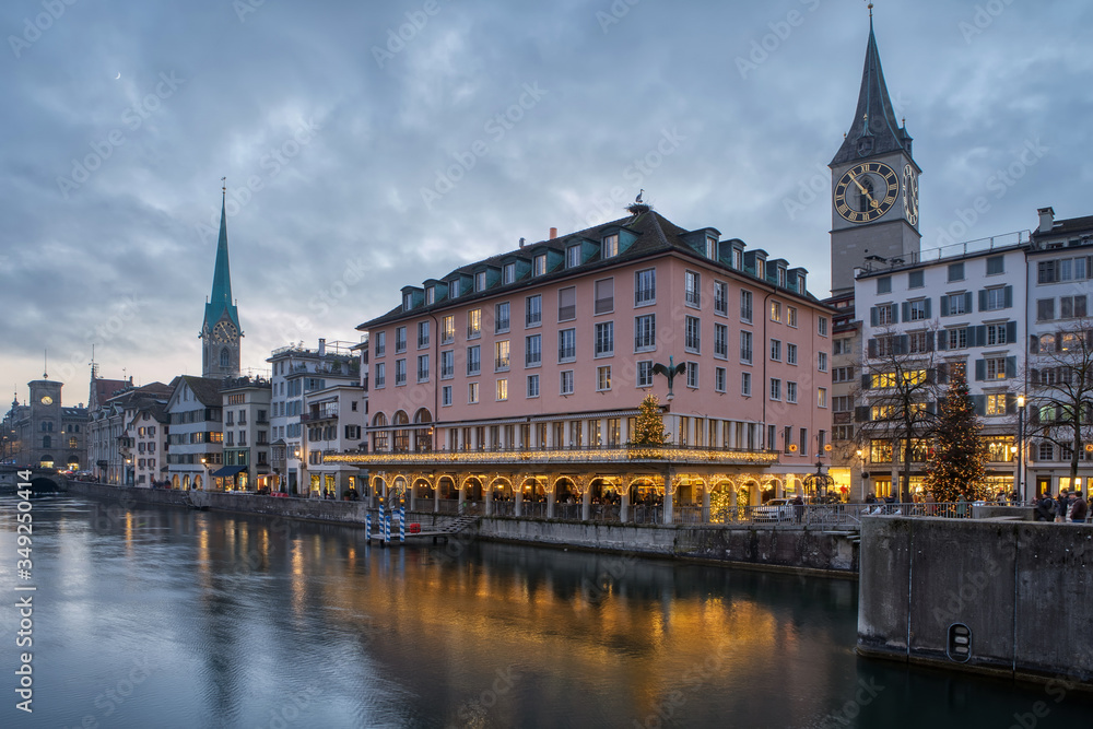 View of Zurich city center with famous historical houses and river Limmat, Canton of Zurich, Switzerland