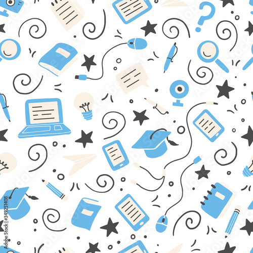 Hand drawn seamless pattern of online education elements, laptop, pencil, book. Doodle sketch style. Vector illustration for e-learning, science, school, knowledge concept design.