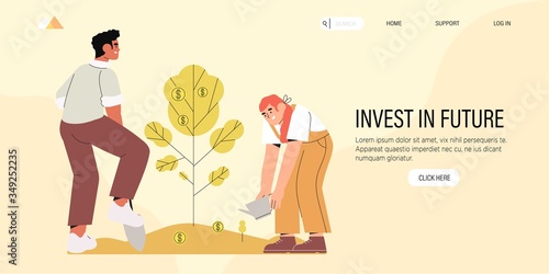 Business or future investment banner, web page, ui with people maintain money tree with golden coins. Income potential or profit planning app, money making strategy, partnership and teamwork concept.