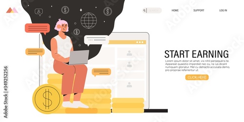 Full-time freelancer working distantly from home office on laptop and earn extra money by doing project on freelance platform or website. Online chat with fellow distant workers, partner or employer.