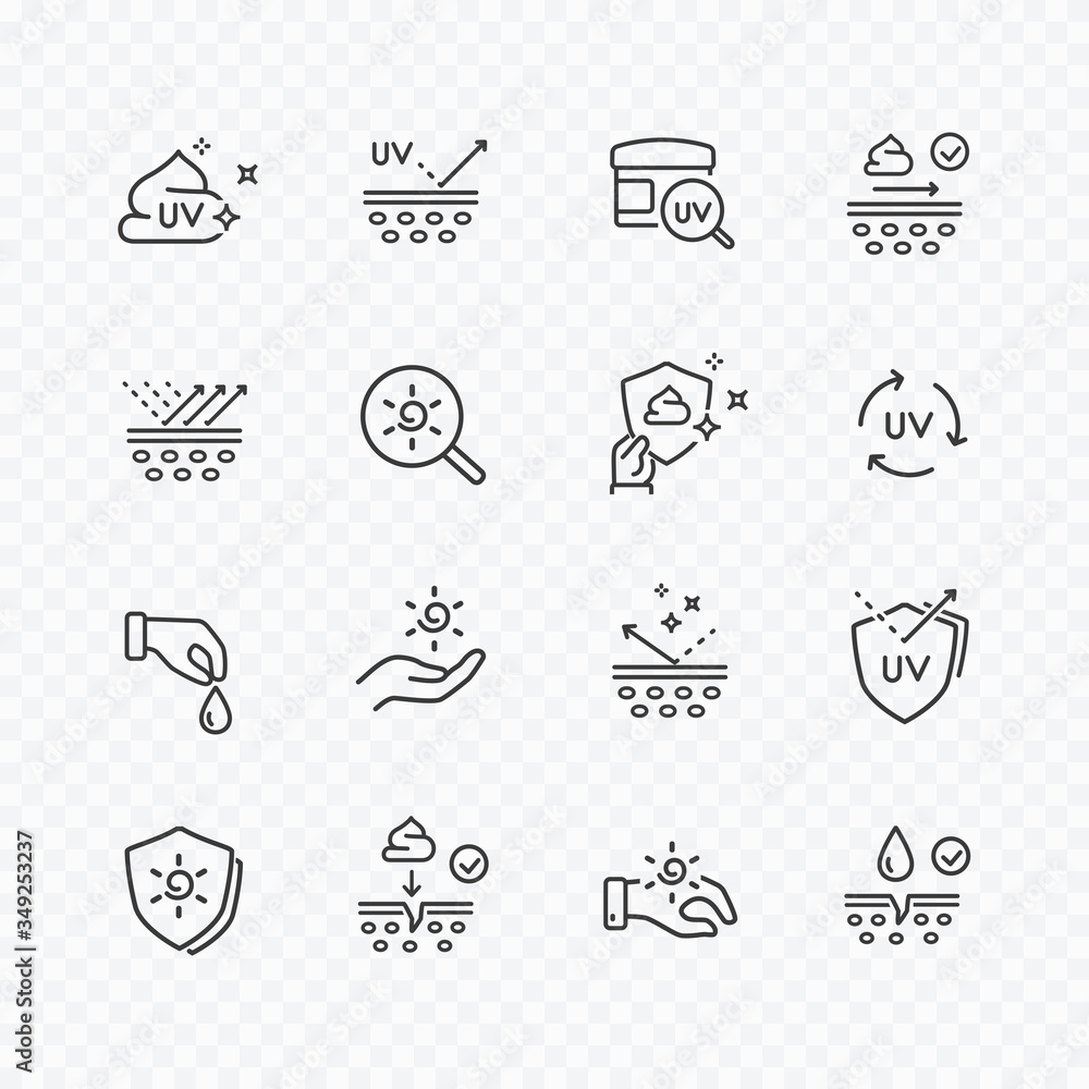 Icons of skin care isolated on transparent background. Vector sun lotion, cream symbols set. Sunscreen and uv protect line stroke signs.