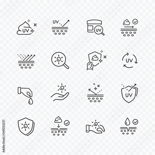 Icons of skin care isolated on transparent background. Vector sun lotion, cream symbols set. Sunscreen and uv protect line stroke signs.