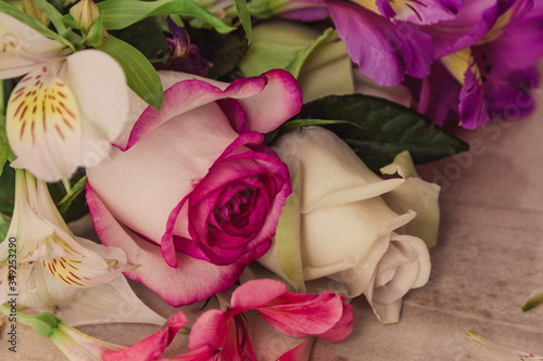 summer bouquet. Pink and white roses	