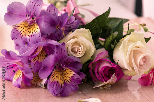 summer bouquet. Pink and white roses	
