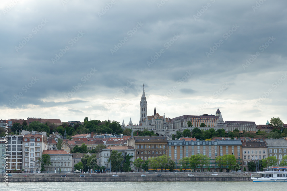 Budapest view from Danube on a cloudy day, Hungary