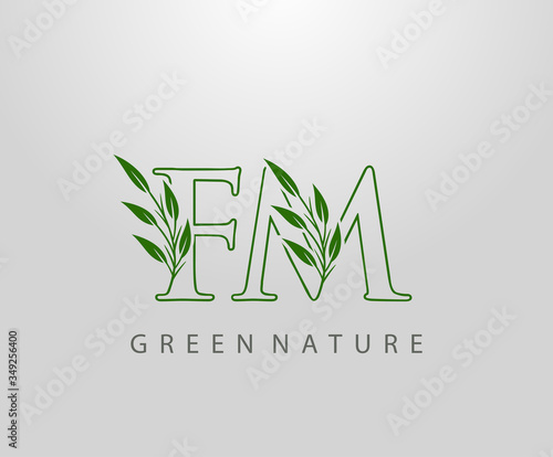 Green Nature Leaf Letter F, M and FM Logo Design. monogram logo. Simple Swirl Green Leaves Alphabet Icon.