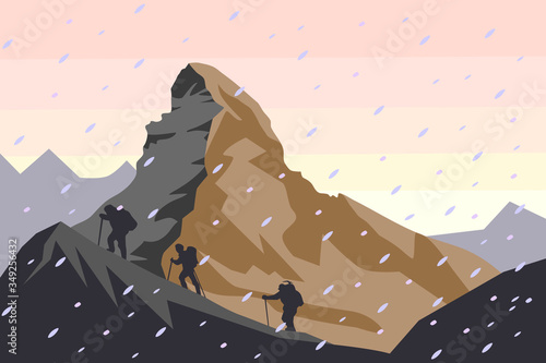 Matterhorn vector illustration including three climbers in winter on a snow sunrise