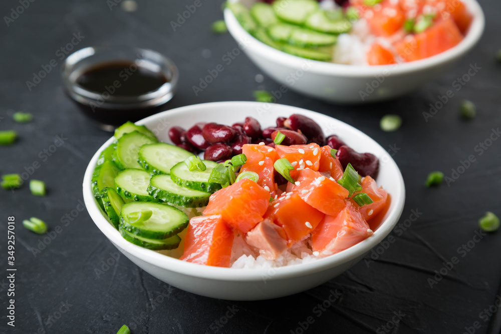 Poke Bowl. Salmon, beans, rice in a bowl Poke Bowl. Salmon, beans, rice in a bowl