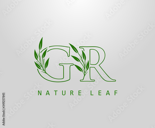 Nature Green Leaf Letter G, R and GR Logo Design. monogram logo. Simple Swirl Green Leaves Alphabet Icon.