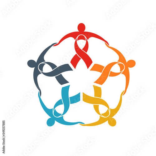 Teamwork of five ribbon people logo. People group going strong concept of support and community