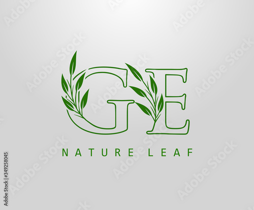 Nature Green Leaf Letter G, E and GE Logo Design. monogram logo. Simple Swirl Green Leaves Alphabet Icon.