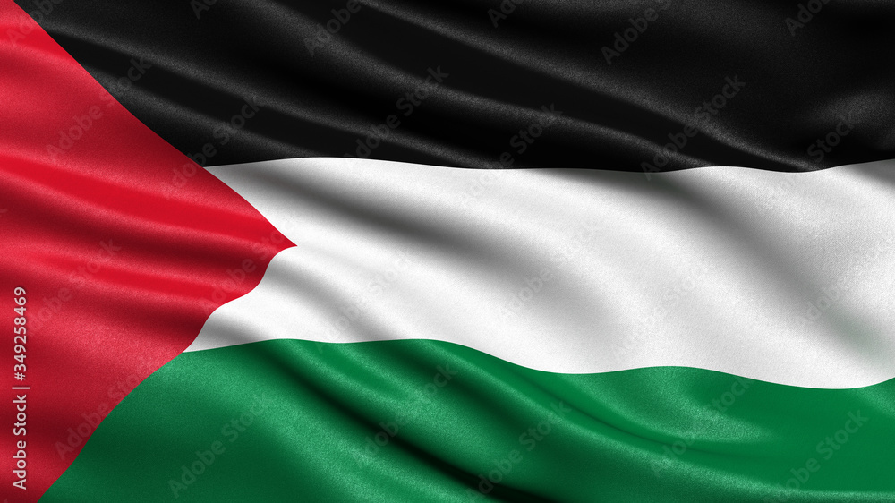 3D illustration of the flag of Palestine waving in the wind.