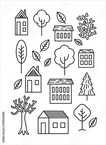 vector houses and trees, line art illustrations isolated buildings and trees,