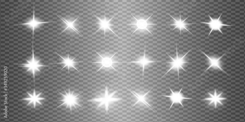 Fototapeta Naklejka Na Ścianę i Meble -  White glowing light explodes on a transparent background. Sparkling magical dust particles. Bright Star. Transparent shining sun, bright flash. Vector sparkles. To center a bright flash