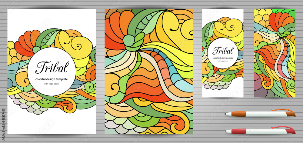 Doodles corporate identity and stationery templates set . Colorful zentangle graphic design mockups including document, flyer, business card and pen. Ethnic tribal wavy vector illustrations.