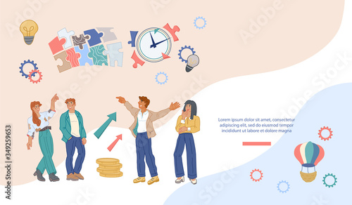 Website page template with ambitious business team members on way to success and financial prosperity. Purposes and goals of  business company and personal career growth. Flat vector Illustration.
