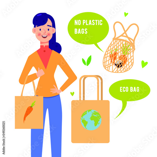 Smiling asian girl holding eco tote bag. Stop Plastic Pollution. Save the planet concept.