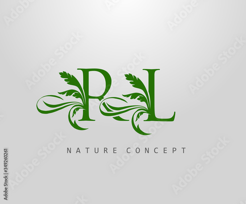 Letter R, L and RL Green Leaf Logo Design. monogram logo. Simple Swirl Green Leaves Alphabet Icon.