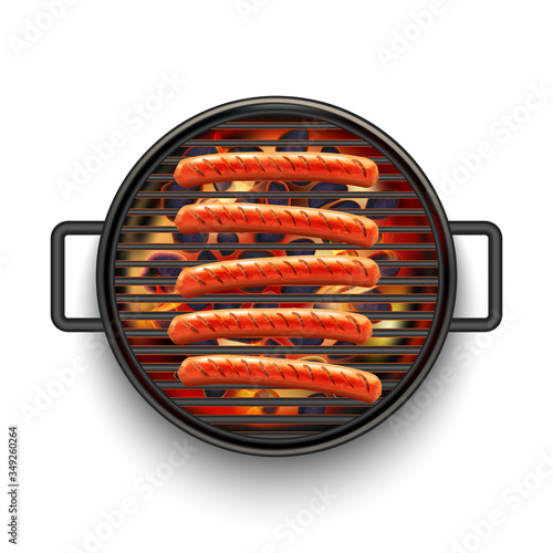 Isolated Barbecue Grill with Sausages and Fire on White Background in Realistic Style