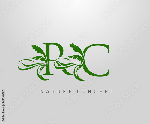 Letter R, C and RC Green Leaf Logo Design. monogram logo. Simple Swirl Green Leaves Alphabet Icon.