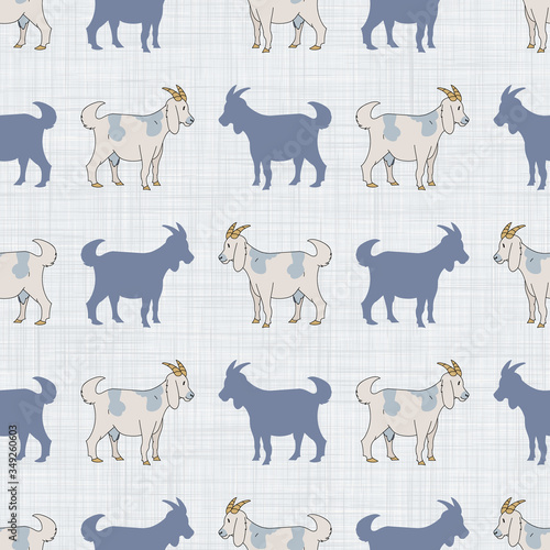 Seamless french farmhouse goat with silhouette pattern. Farmhouse linen shabby chic style. Hand drawn rustic texture background. Country farm kitchen design. Chevon meat cut textile all over print.