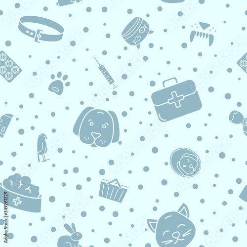 Veterinarian - Vector background (seamless pattern) of silhouettes veterinary clinic, animals and pets  for graphic design