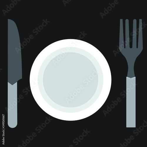 Plate, fork and knife icon on background