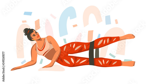Hand drawn vector abstract stock graphic illustration with young happy female training at home with sports rubber elastics isolated on white background