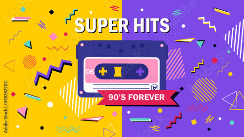 90s Forever Super Hits music poster design with audio cassette tape over colorful purple and yellow backgrounds with abstract icons  colored vector illustration