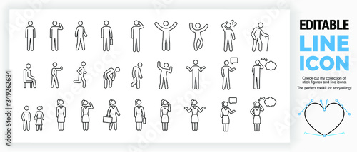 Editable set of stick figures, part of a huge collection of  line icons and stick figures! 
