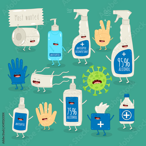 Antiseptics and hand protection against coronavirus. Vector illustration.