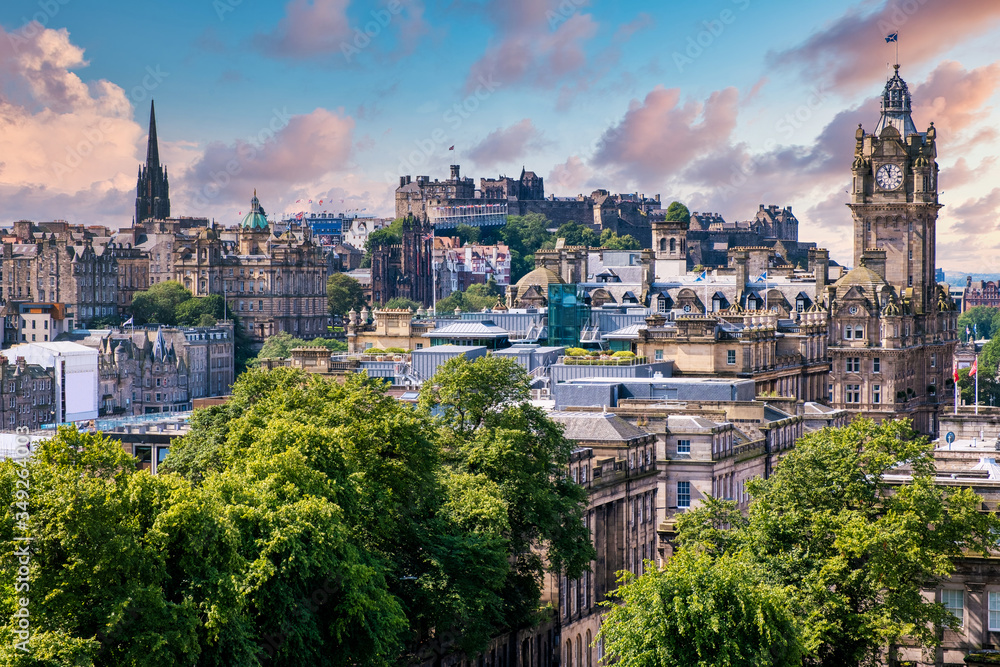 Panoramic view of the city of Edinburgh in Scotland at sunset
