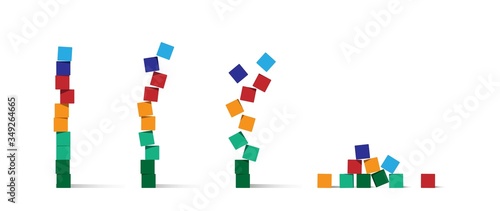Falling tower of colorful play cubes. Tower of cubes falling down. Stages of ruining tower of cubes. cubes for kids vector illustration. Bricks vector illustration on white background,