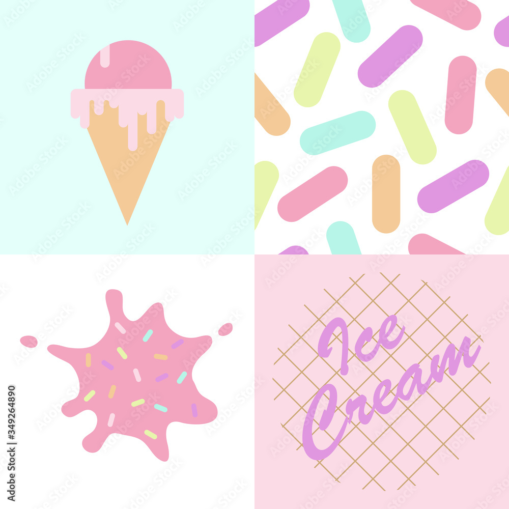 Ice cream posters , multicolored sprinkle pattern, set of ice cream illustrations, pink ice cream spot, waffle texture, ice cream icon.