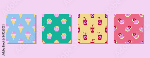 A set of colorful seamless fast food patterns . Bright and juicy patterns lift your mood and increase your appetite. Pattern ice cream , doughnuts, shake, cupcake.