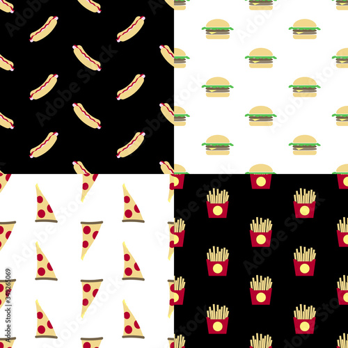Fast food set patterns. Patterns of icons on a white and black background. Hot dog pattern, Burger, pizza slice, French fries.