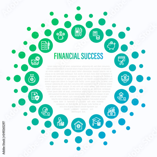 Financial success in circle shape. Track expenses, budget, emergency fund, credit card, home ownership, invest, fund college, retire, financial hygiene. Thin line icons. Vector illustration.