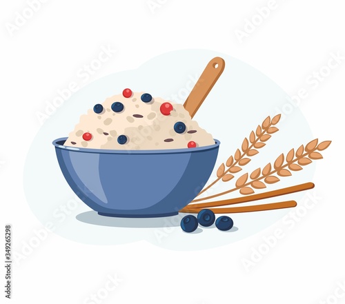Oatmeal porridge with blueberry in ceramic bowl. Healthy food. Breakfast.