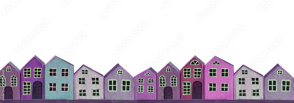 Wooden toy purple houses on a white background. Banner miniature town.