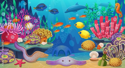 Fototapeta Naklejka Na Ścianę i Meble -  Large set of coral reef with algae tropical fish and corals. Vector illustration in cartoon style.