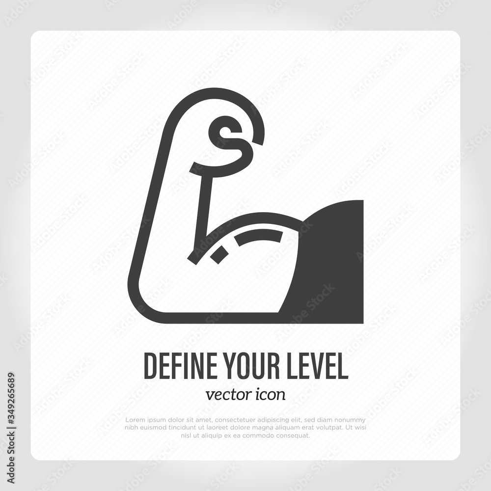 Achieve your goal, define your level. Biceps. Thin line icon. Strength, resistance. Vector illustration. Achieve your goal, define your level. Biceps. Thin line icon. Strength, resistance. Vector illustration.