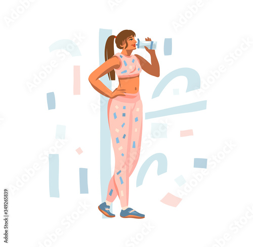 Hand drawn vector abstract stock graphic illustration with young happy female drinks water from a shaker during a sports training isolated on white background