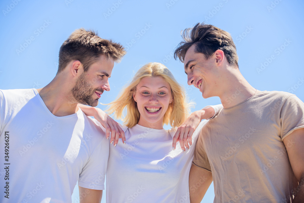 Member friendship wishes to enter into romantic relationship. Friendship love. Friend zone concept. Happy together. Cheerful friends. Friendship relations. People outdoors. Happy woman and two men