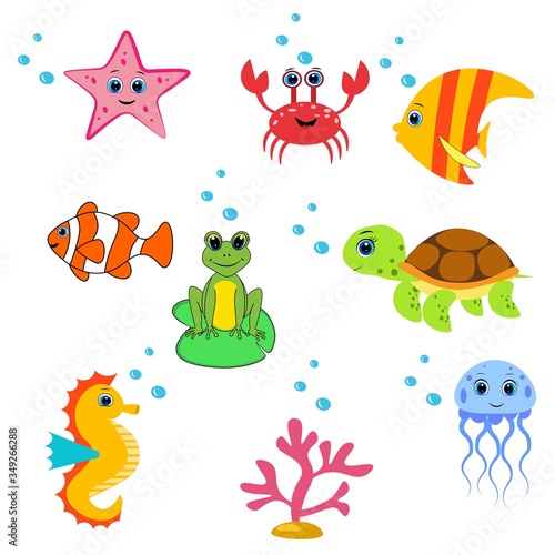 cute sea animals set.cartoon vector illustration. Marine life. 