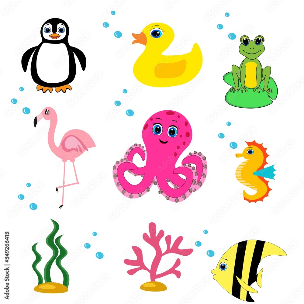 Obraz premium cute sea animals set.cartoon vector illustration. Marine life.