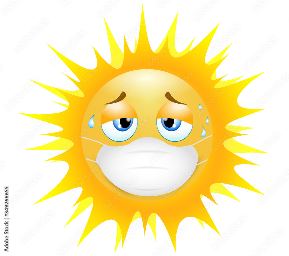 Emoji emoticon sun. Concept of tiredness in wearing the medical mask in the sultry heat. 3d illustration. Funny emoticon. Coronavirus outbreak protection concept.Three-dimensional. isolated